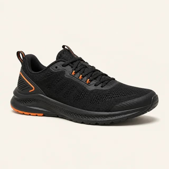 Black running shoe with orange details, shown from a three-quarter side view